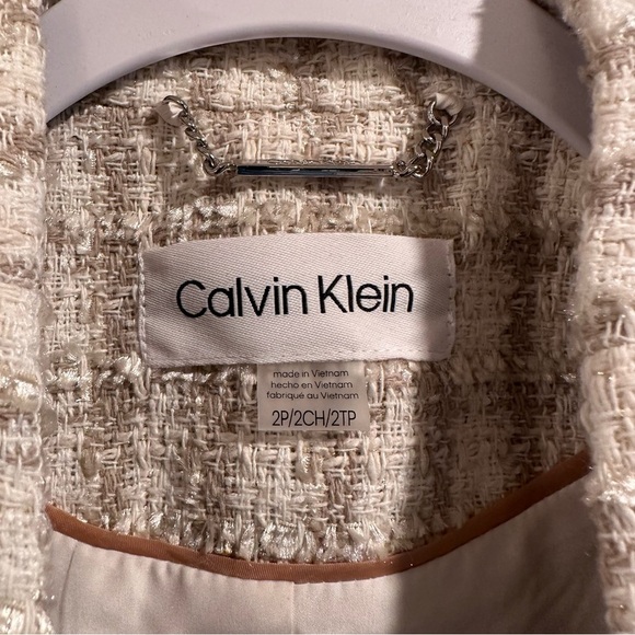 Calvin Klein Fringe Tweed Open Front Blazer Jacket in Tan & Cream Size 2 Petite - Picture 2 of 14